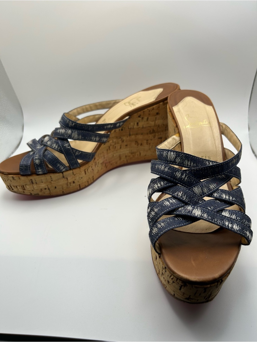 Christian Louboutin Navy Crisscross Cork Wedge Sandals